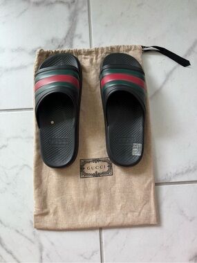 Gucci Black Slides with Red and Green Stripes